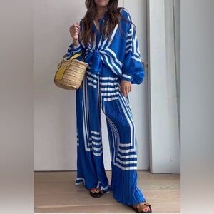 COMMENSE Blue and White Striped Two Piece Set
